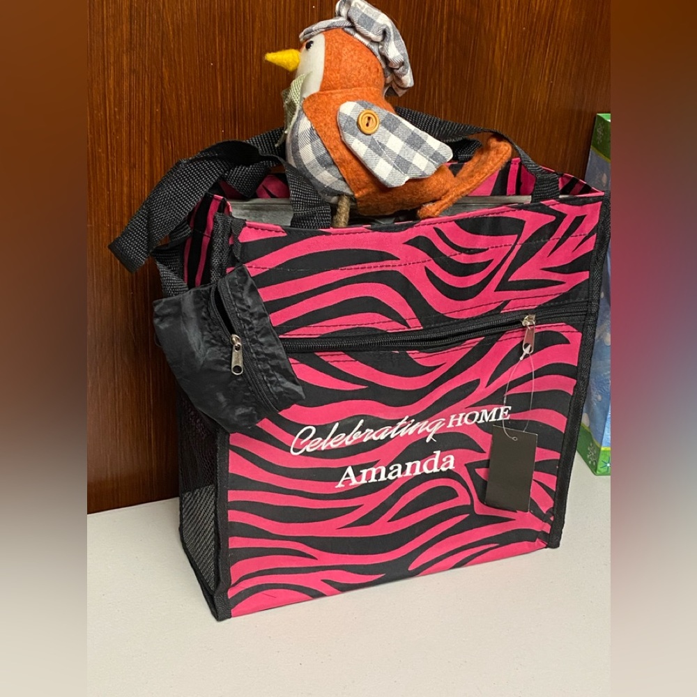 Celebrating Home pink Zebra Stripe multi use bag personalized - Amanda